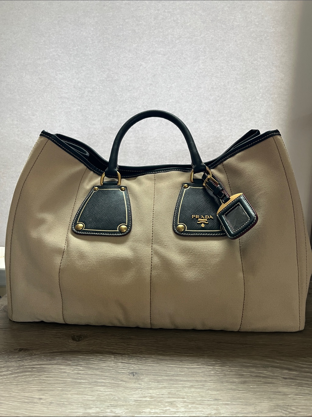Prada Beige Canvas Tote Canapa Saffiano Corda Blue Bn1283